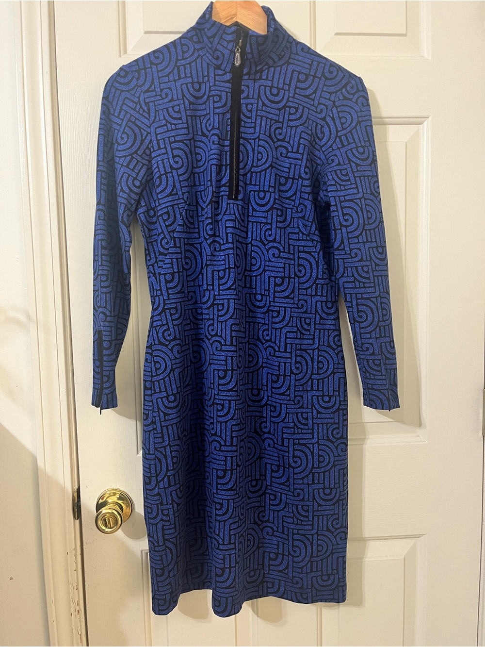 Geo-Print Blue Midi Dress with Zip Mock Neck